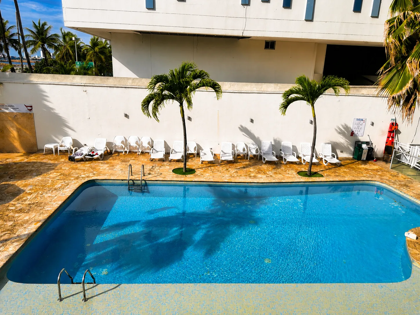 Aerial view of the pool and loungers